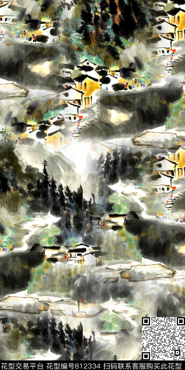 手绘风景抽象风景水墨风格数码印花华亿平台下载（图片编号: 812334） - 瓦栏（Walan）