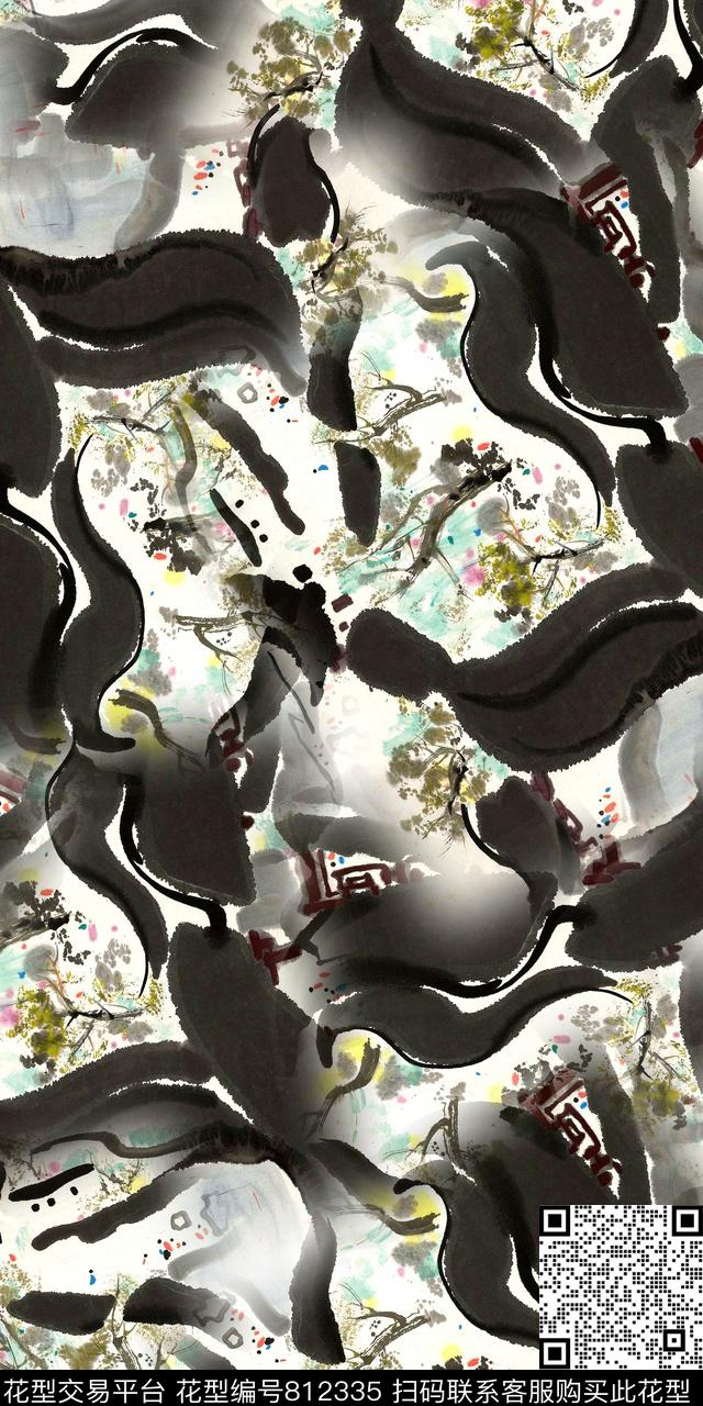 水墨手绘笔刷抽象数码印花华亿平台下载（图片编号: 812335） - 瓦栏（Walan）