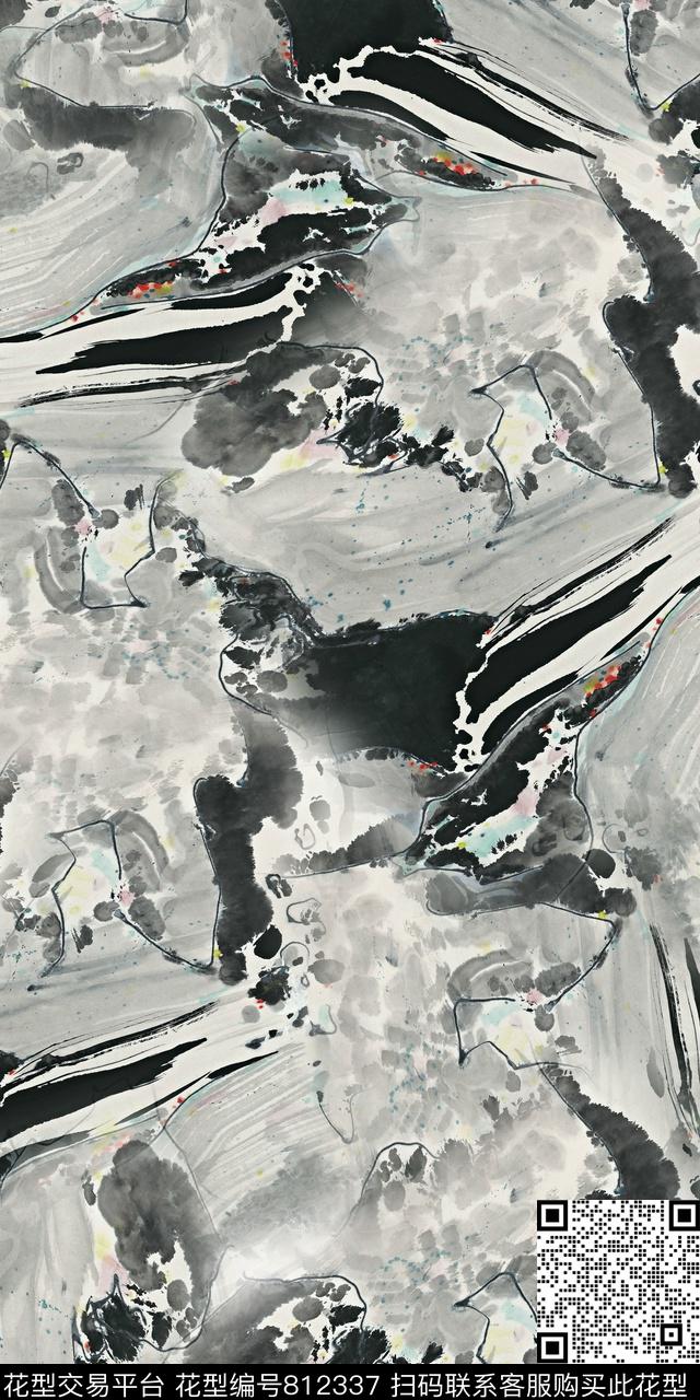 抽象水墨手绘笔触数码印花华亿平台下载（图片编号: 812337） - 瓦栏（Walan）