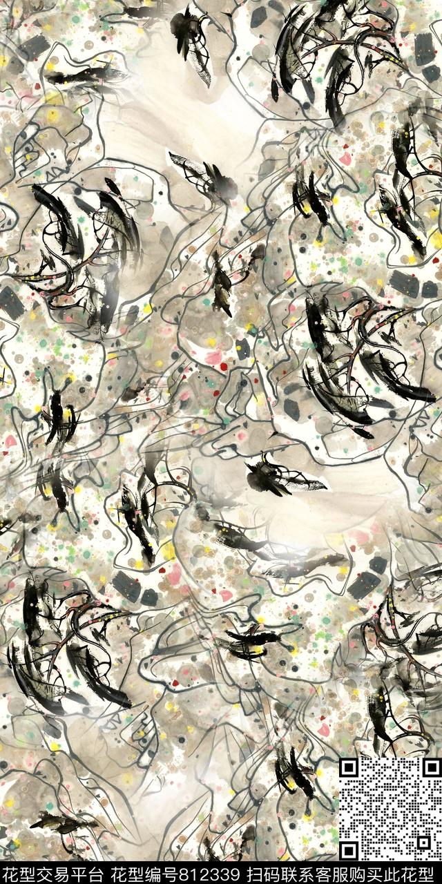 复古手绘笔刷抽象数码印花华亿平台下载（图片编号: 812339） - 瓦栏（Walan）