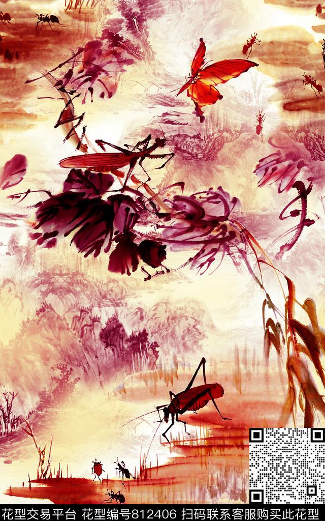 中国风国画昆虫数码印花华亿平台下载（图片编号: 812406） - 瓦栏（Walan）
