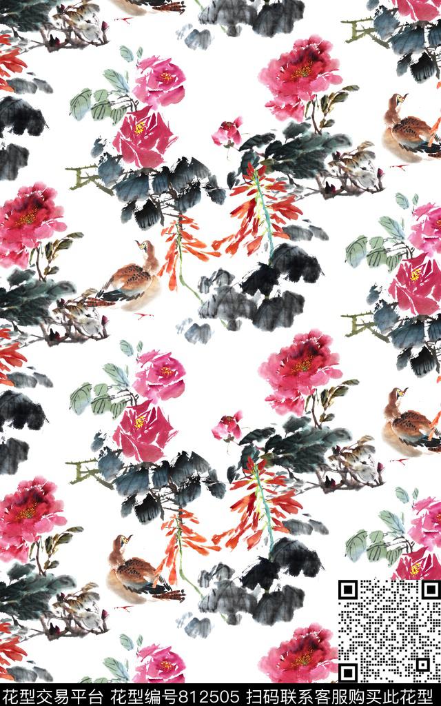 中国风水墨花卉旗袍裙装华亿平台花卉植物传统印花华亿平台下载（图片编号: 812505） - 瓦栏（Walan）