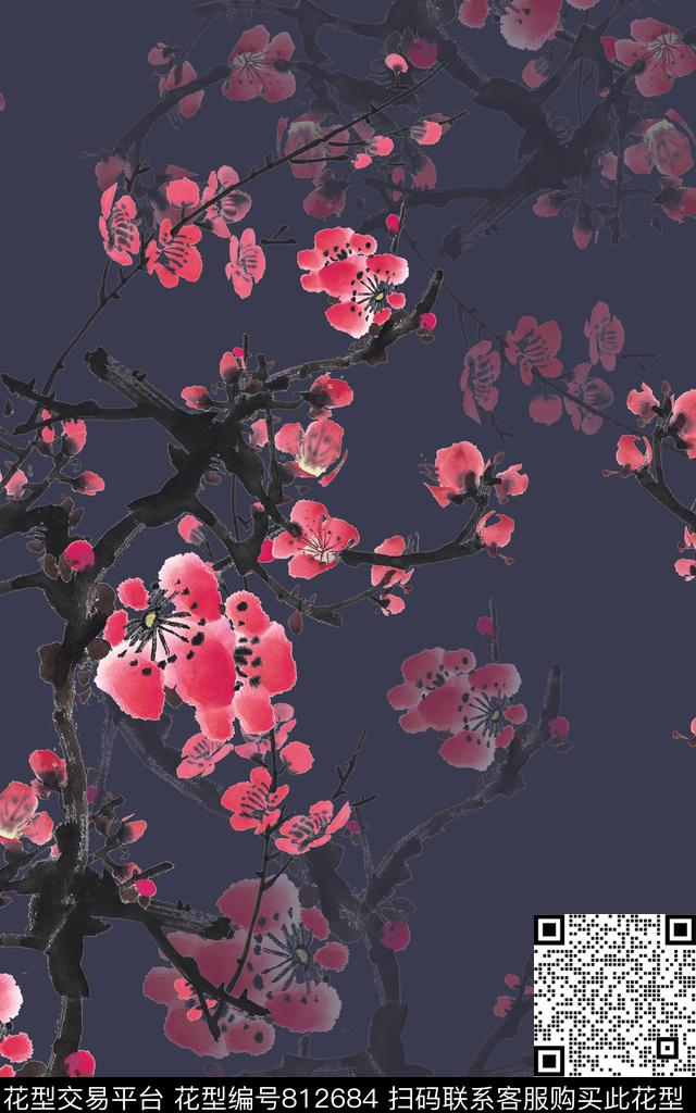 中国风国画桃花数码印花华亿平台下载（图片编号: 812684） - 瓦栏（Walan）