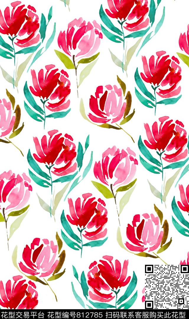 水彩花卉手绘数码印花华亿平台下载（图片编号: 812785） - 瓦栏（Walan）