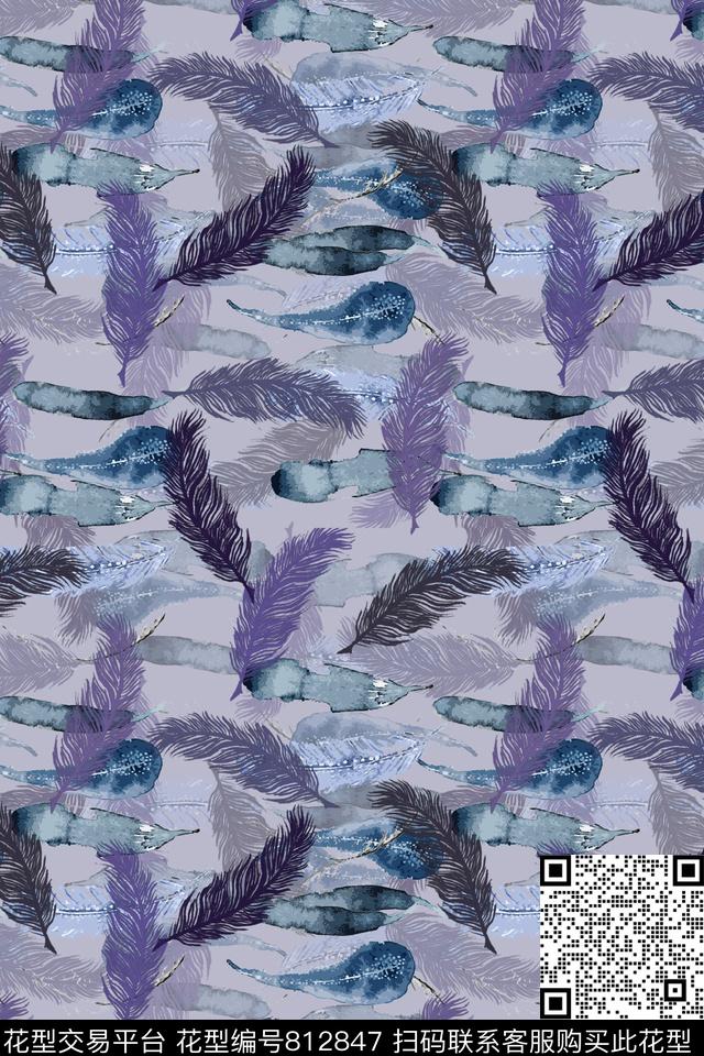 羽毛组合手绘线条笔触动物纹图案数码印花华亿平台下载（图片编号: 812847） - 瓦栏（Walan）