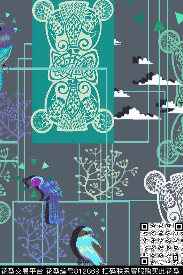小清新鸟二分之一跳接数码印花华亿平台下载（图片编号: 812869） - 瓦栏（Walan）