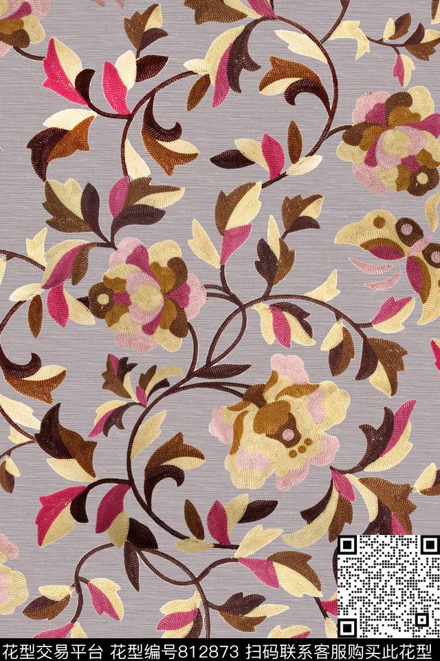 民族风卷草树叶数码印花华亿平台下载（图片编号: 812873） - 瓦栏（Walan）