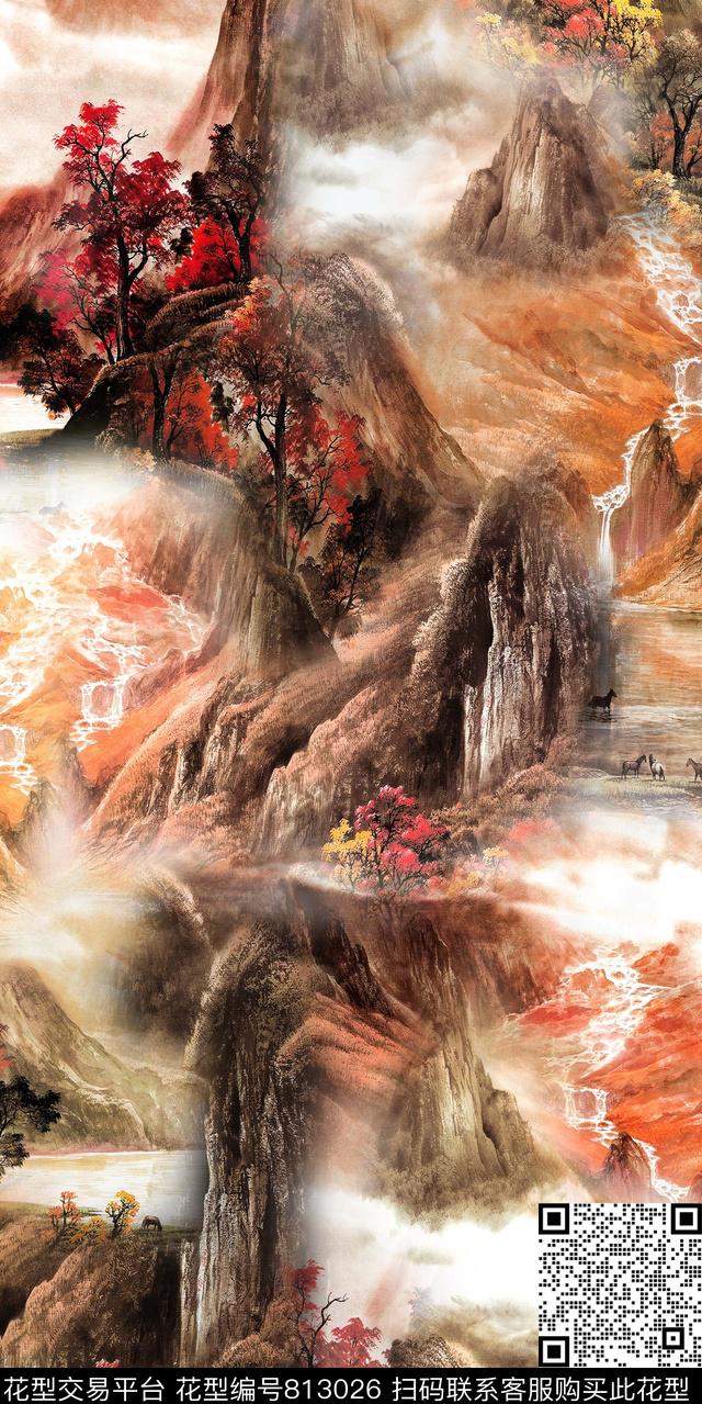 山脉风景水墨数码印花华亿平台下载（图片编号: 813026） - 瓦栏（Walan）