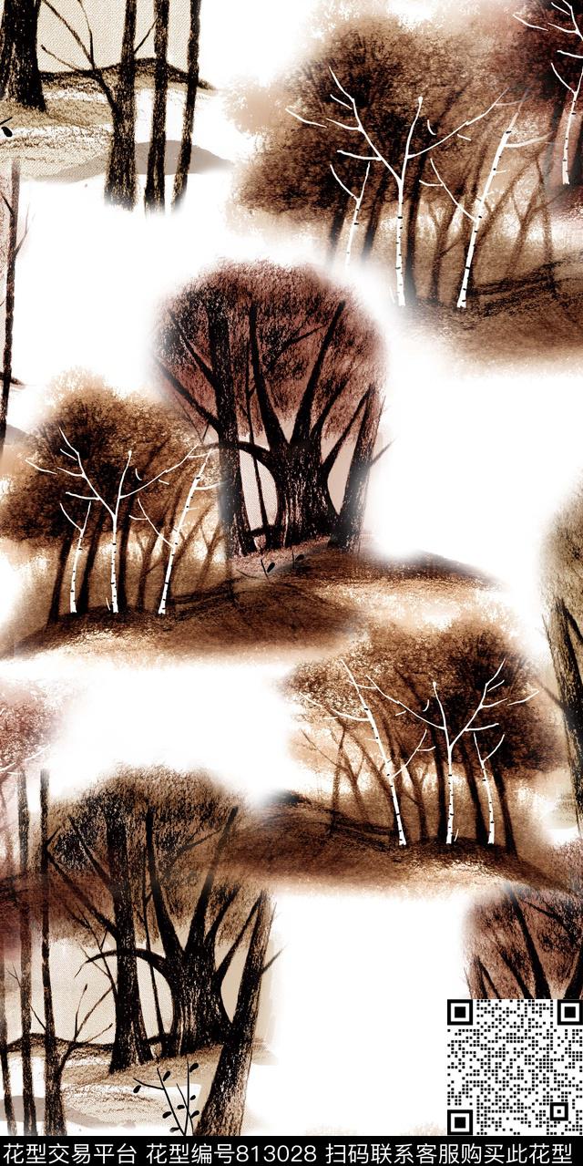 水彩树木插画数码印花华亿平台下载（图片编号: 813028） - 瓦栏（Walan）