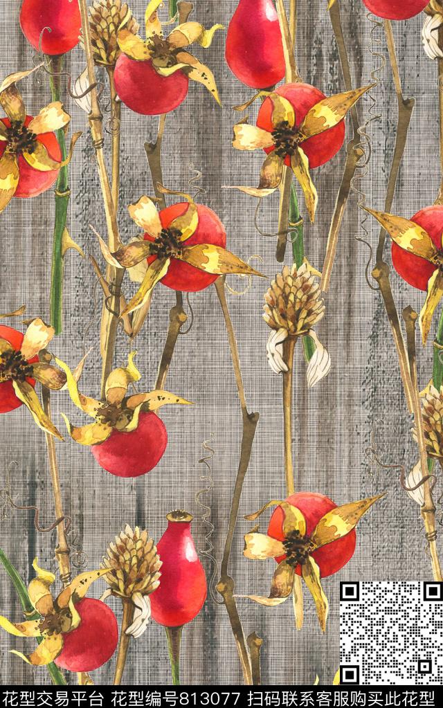 手绘肌理枝条数码印花华亿平台下载（图片编号: 813077） - 瓦栏（Walan）