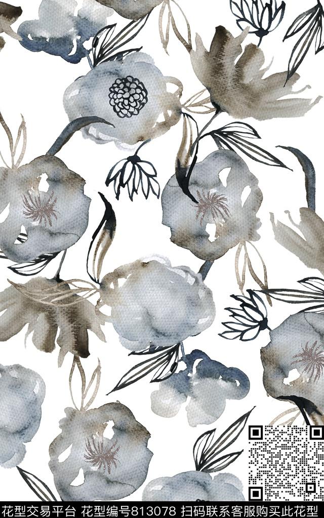 水彩花卉手绘数码印花华亿平台下载（图片编号: 813078） - 瓦栏（Walan）
