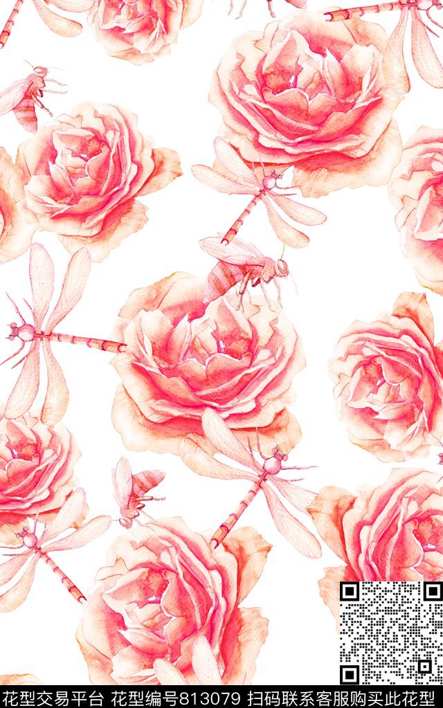花朵昆虫水彩数码印花华亿平台下载（图片编号: 813079） - 瓦栏（Walan）