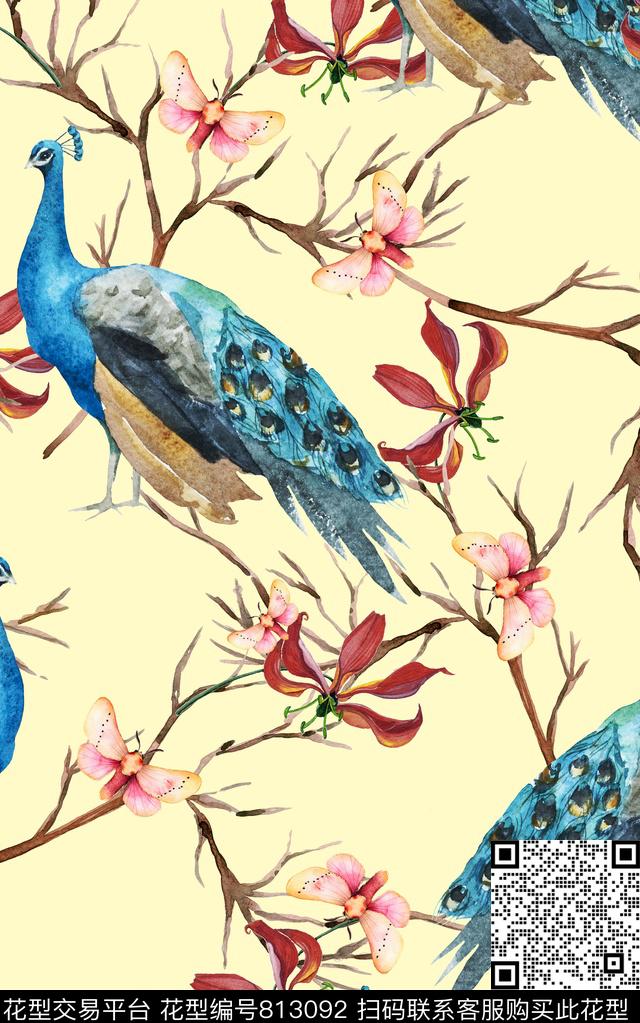 孔雀树枝花卉数码印花华亿平台下载（图片编号: 813092） - 瓦栏（Walan）