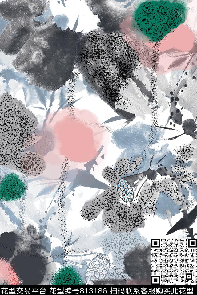 水墨荷花手绘数码印花华亿平台下载（图片编号: 813186） - 瓦栏（Walan）