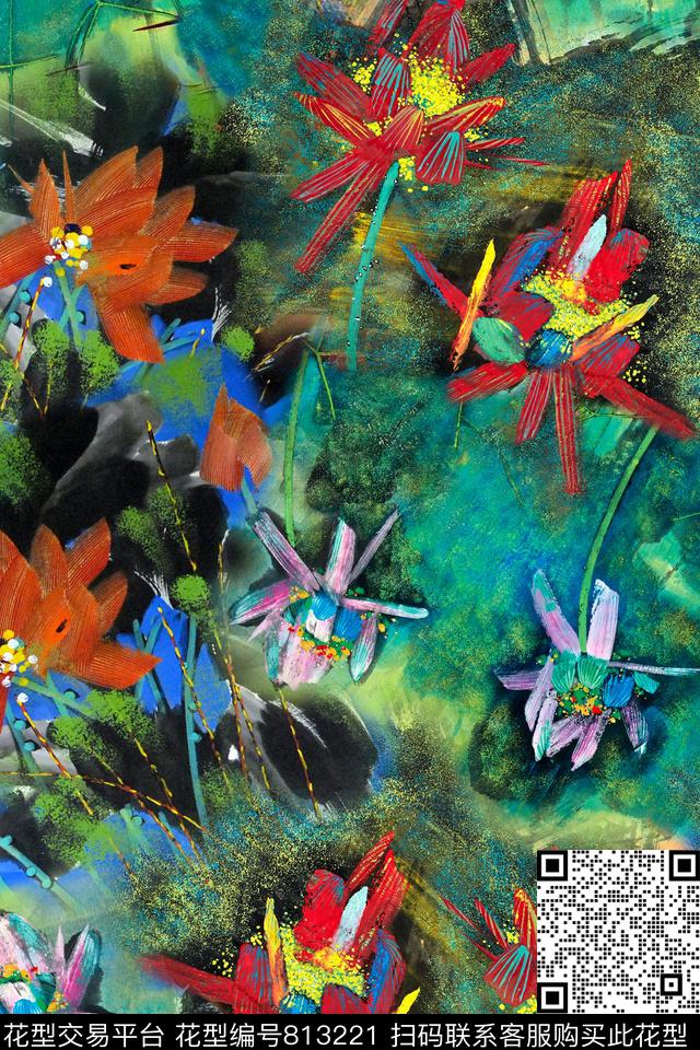 中国风水彩荷花数码印花华亿平台下载（图片编号: 813221） - 瓦栏（Walan）