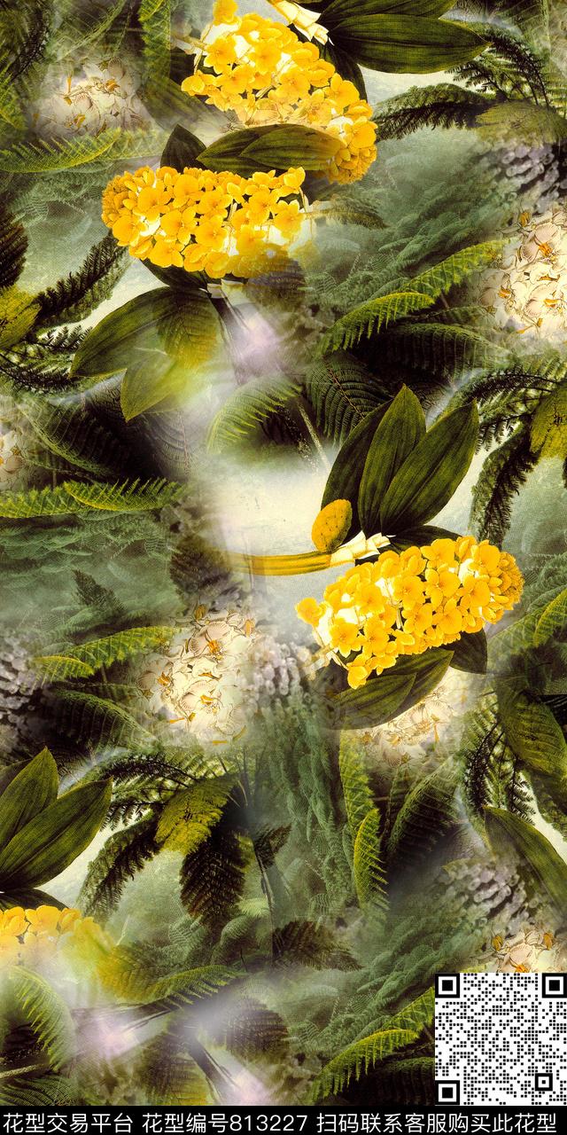 抽象花卉油画抽象叶子数码印花华亿平台下载（图片编号: 813227） - 瓦栏（Walan）