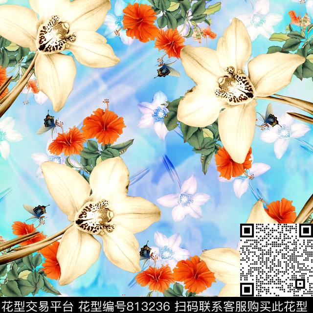 植物花卉大方巾花卉数码印花华亿平台下载（图片编号: 813236） - 瓦栏（Walan）