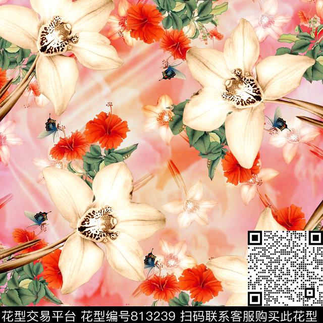 植物花卉大方巾花卉数码印花华亿平台下载（图片编号: 813239） - 瓦栏（Walan）