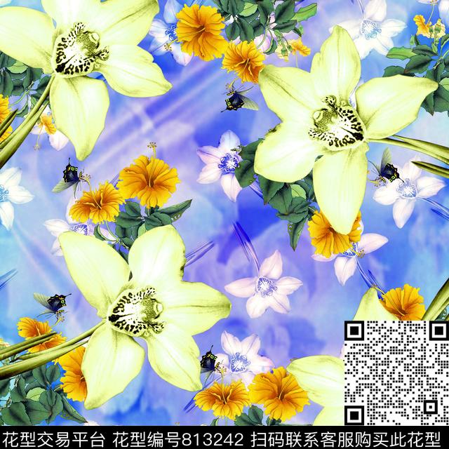 植物花卉大方巾花卉数码印花华亿平台下载（图片编号: 813242） - 瓦栏（Walan）