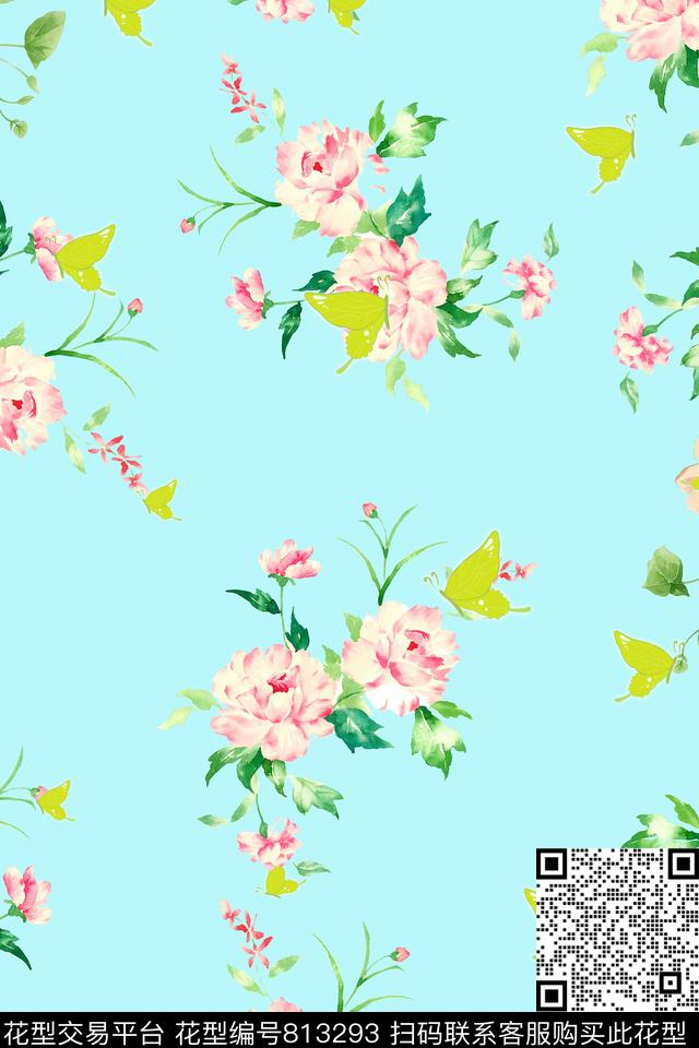 花卉蝴蝶叶子数码印花华亿平台下载（图片编号: 813293） - 瓦栏（Walan）