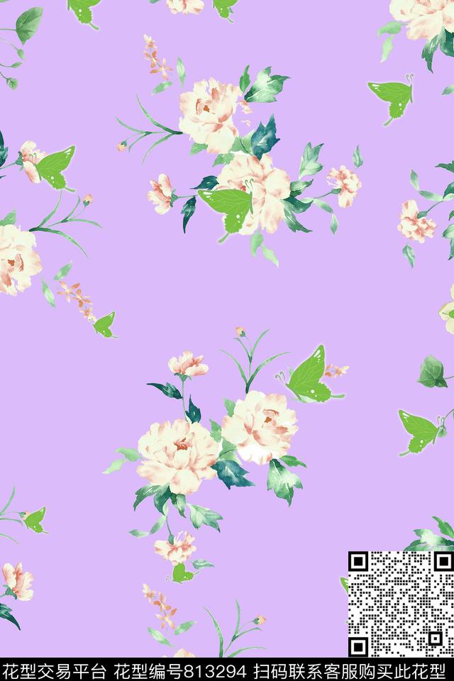 花卉蝴蝶叶子数码印花华亿平台下载（图片编号: 813294） - 瓦栏（Walan）