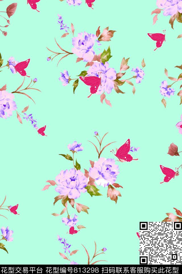 花卉蝴蝶叶子数码印花华亿平台下载（图片编号: 813298） - 瓦栏（Walan）