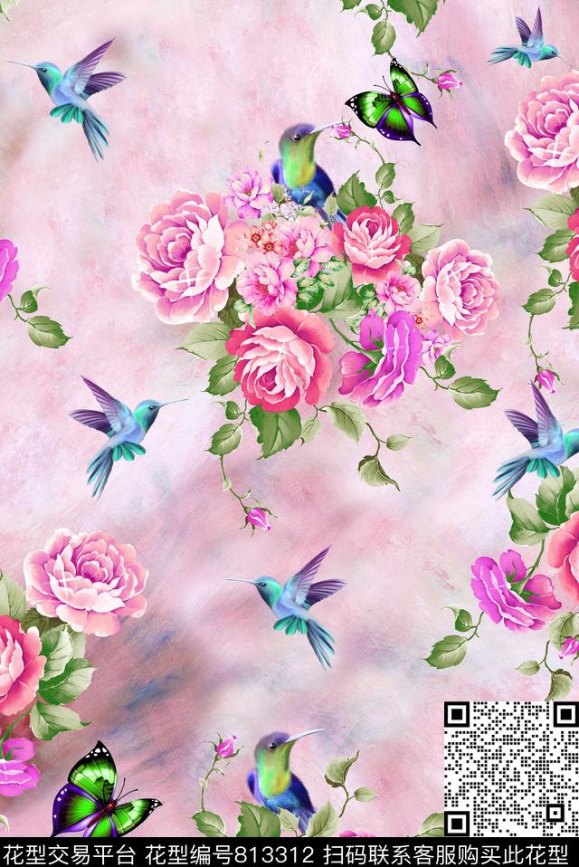 牡丹鸟蝴蝶数码印花华亿平台下载（图片编号: 813312） - 瓦栏（Walan）