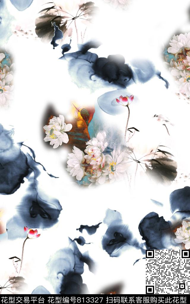 国画玉兰花水墨风数码印花华亿平台下载（图片编号: 813327） - 瓦栏（Walan）