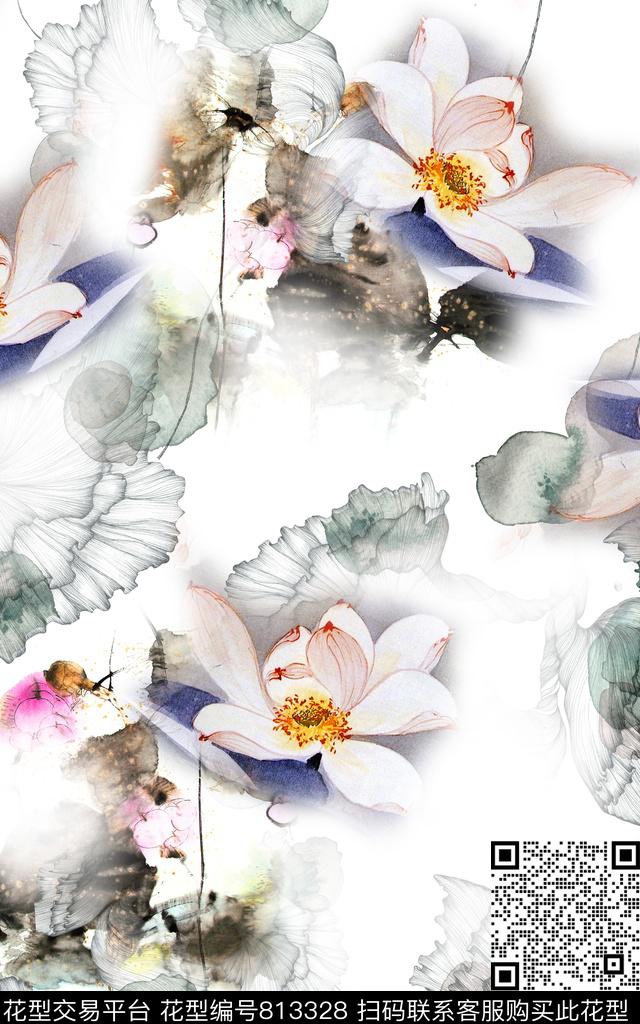 国画玉兰花水墨风数码印花华亿平台下载（图片编号: 813328） - 瓦栏（Walan）
