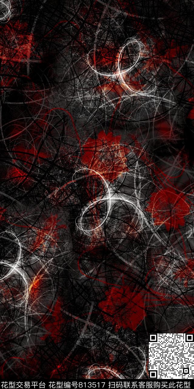 抽象花卉线条数码印花华亿平台下载（图片编号: 813517） - 瓦栏（Walan）