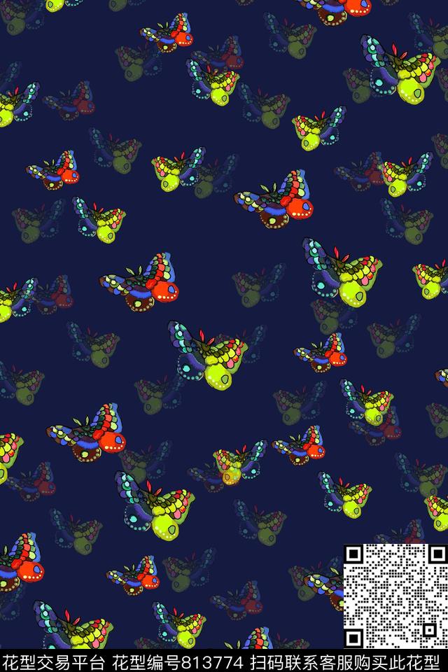 色块趣味蝴蝶传统印花华亿平台下载（图片编号: 813774） - 瓦栏（Walan）