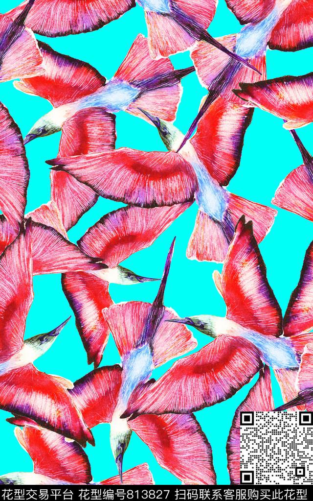 羽毛鸟手绘数码印花华亿平台下载（图片编号: 813827） - 瓦栏（Walan）