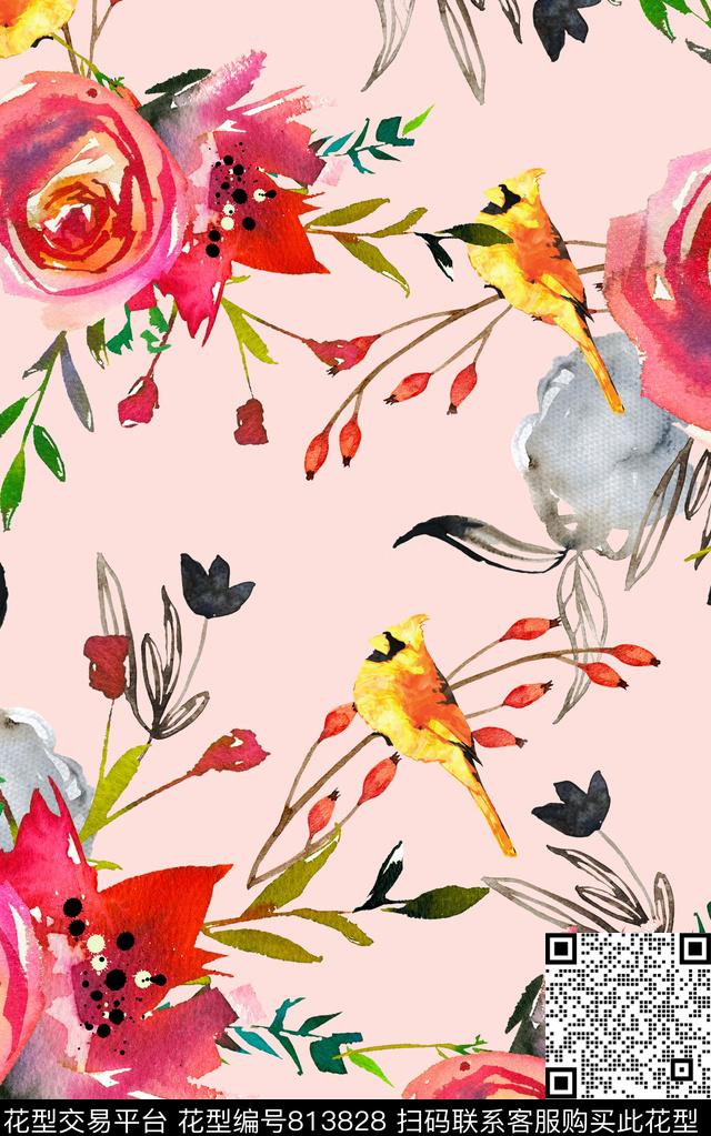 手绘水彩兰花数码印花华亿平台下载（图片编号: 813828） - 瓦栏（Walan）