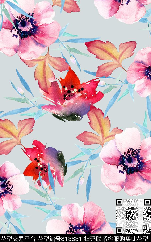 花卉水彩手绘数码印花华亿平台下载（图片编号: 813831） - 瓦栏（Walan）