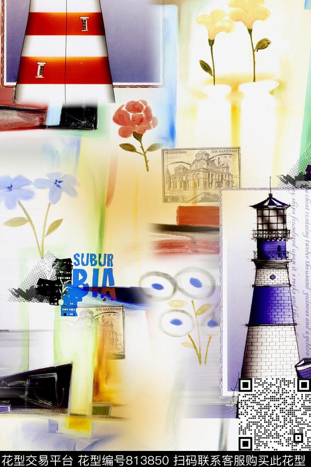 时尚手绘风景数码印花华亿平台下载（图片编号: 813850） - 瓦栏（Walan）