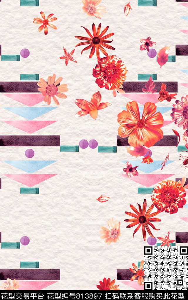 布纹水彩花卉数码印花华亿平台下载（图片编号: 813897） - 瓦栏（Walan）