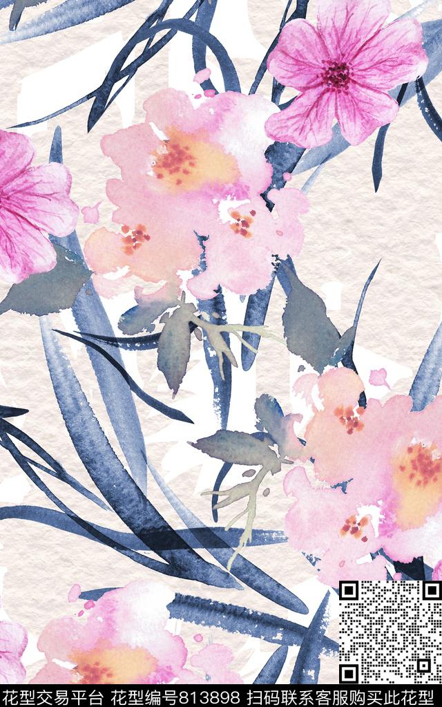 枝条布纹水彩数码印花华亿平台下载（图片编号: 813898） - 瓦栏（Walan）