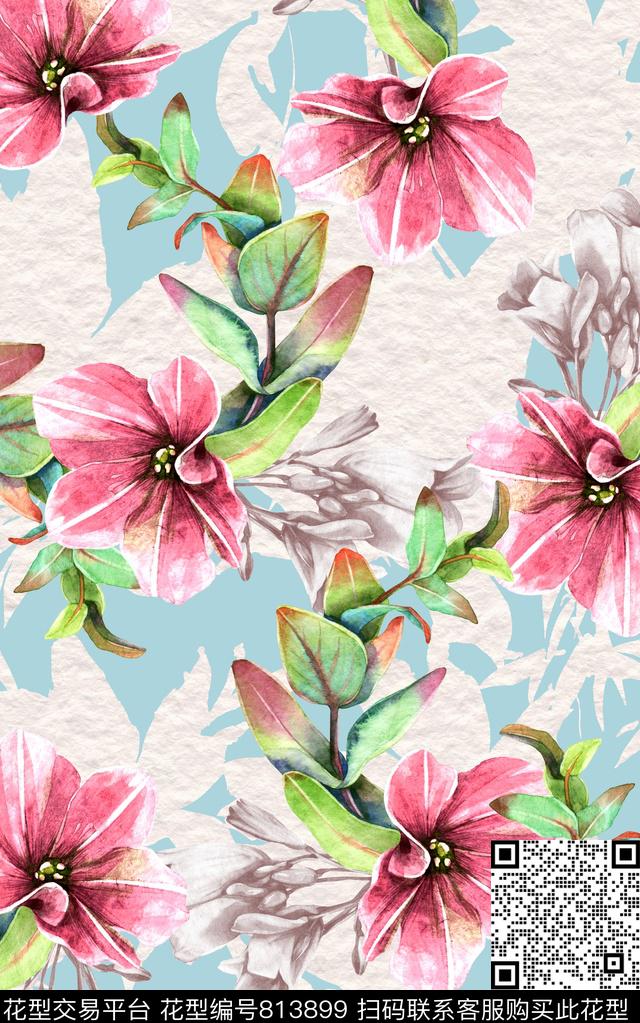 布纹水彩花卉数码印花华亿平台下载（图片编号: 813899） - 瓦栏（Walan）