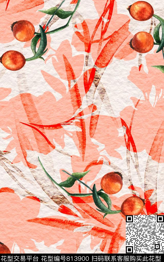 水果布纹枝条数码印花华亿平台下载（图片编号: 813900） - 瓦栏（Walan）