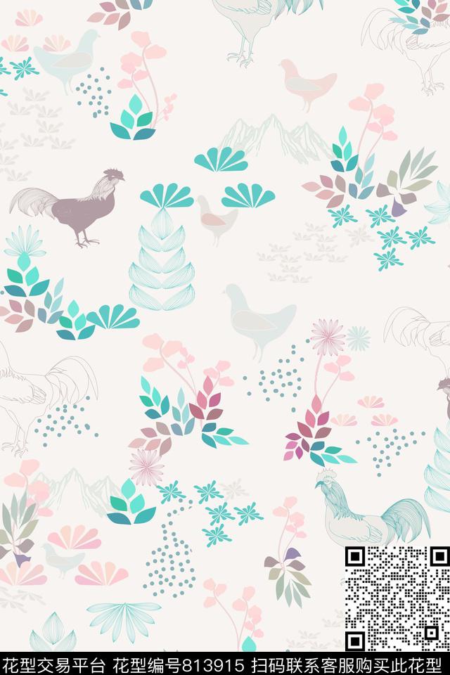 小清新小鸡植物传统印花华亿平台下载（图片编号: 813915） - 瓦栏（Walan）
