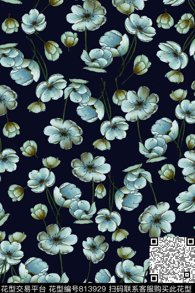 大花花朵花卉传统印花华亿平台下载（图片编号: 813929） - 瓦栏（Walan）