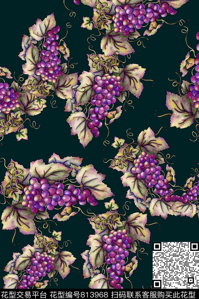 手绘水彩葡萄数码印花华亿平台下载（图片编号: 813968） - 瓦栏（Walan）