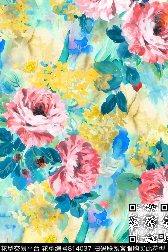 水彩花卉牡丹数码印花华亿平台下载（图片编号: 814037） - 瓦栏（Walan）