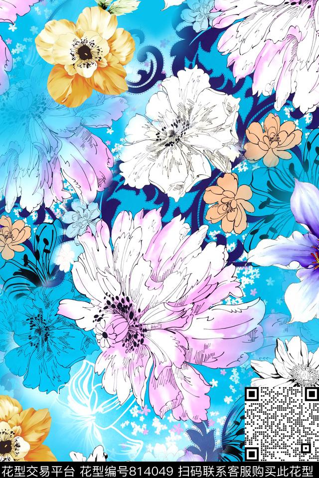 花卉水彩小清新数码印花华亿平台下载（图片编号: 814049） - 瓦栏（Walan）