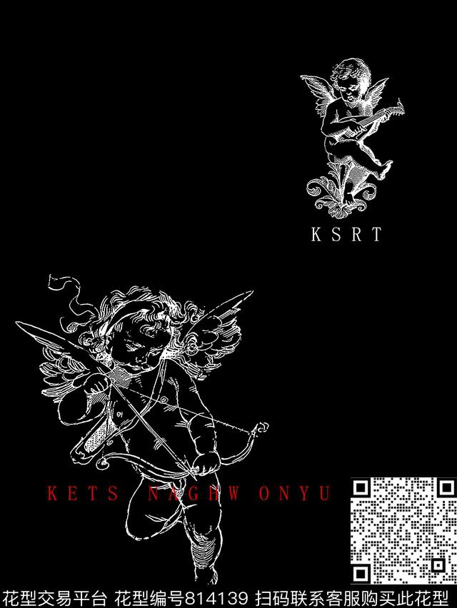 长翅膀的天使男装T恤华亿平台抽象手绘传统印花华亿平台下载（图片编号: 814139） - 瓦栏（Walan）