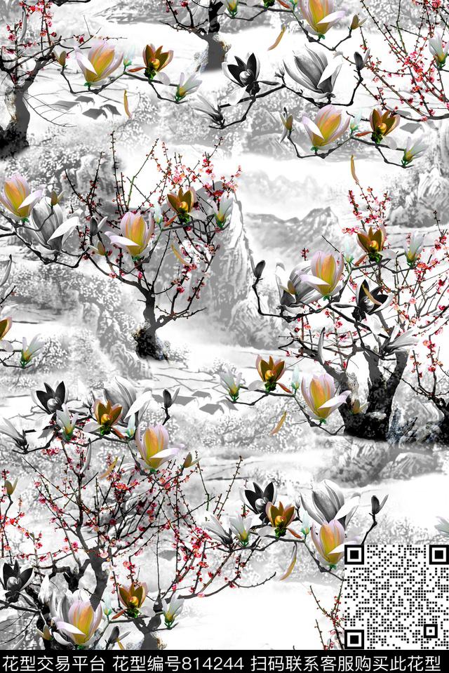 玉兰花中国风女装数码印花华亿平台下载（图片编号: 814244） - 瓦栏（Walan）