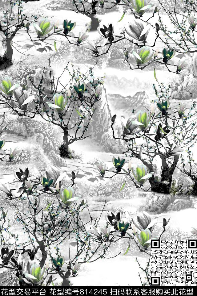 玉兰花中国风女装数码印花华亿平台下载（图片编号: 814245） - 瓦栏（Walan）