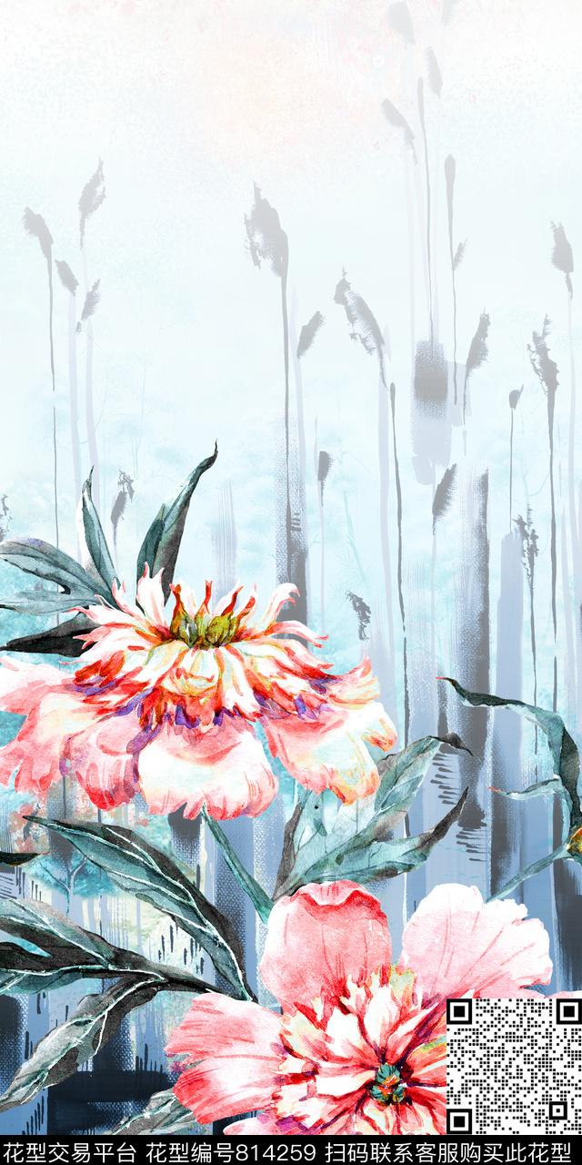花卉水彩渐变数码印花华亿平台下载（图片编号: 814259） - 瓦栏（Walan）