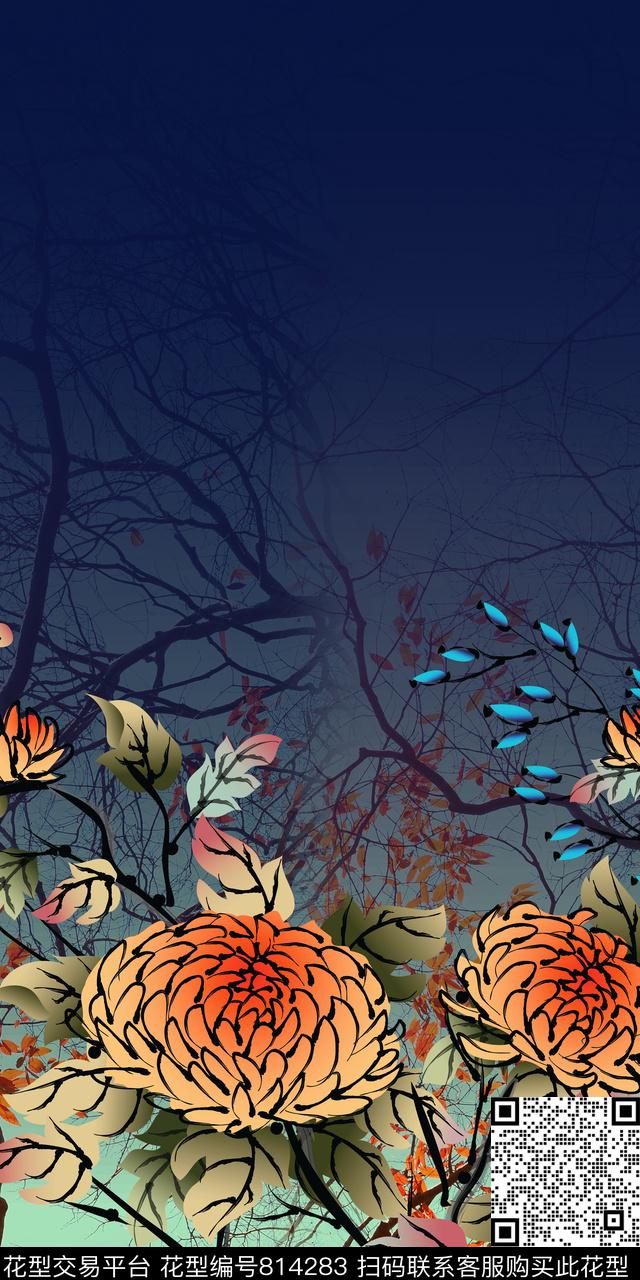 手绘花卉渐变数码印花华亿平台下载（图片编号: 814283） - 瓦栏（Walan）