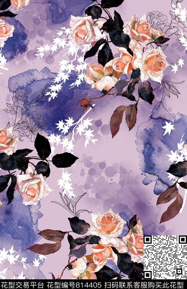 玫瑰油画花卉肌理数码印花华亿平台下载（图片编号: 814405） - 瓦栏（Walan）